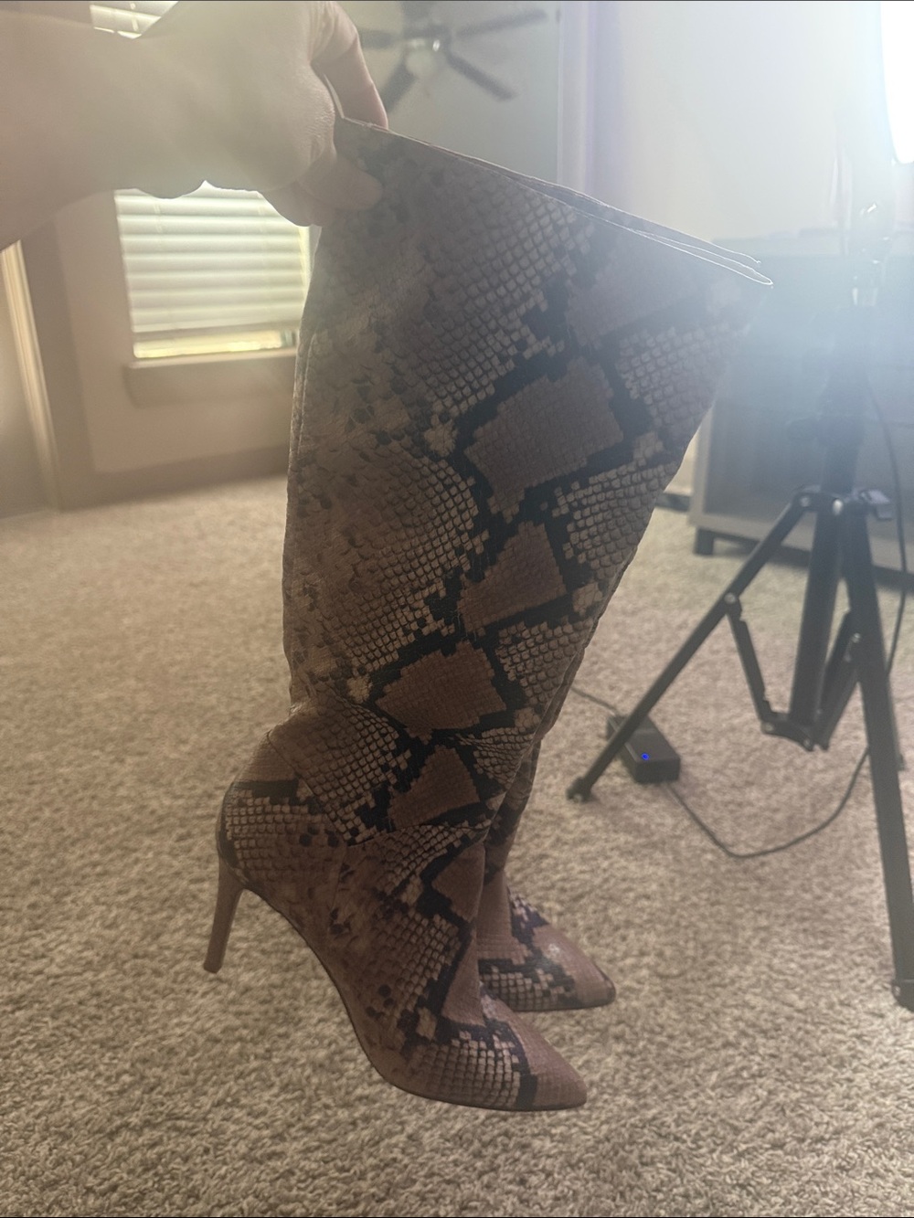 Brown Snake-Print Knee-High Stiletto Boots